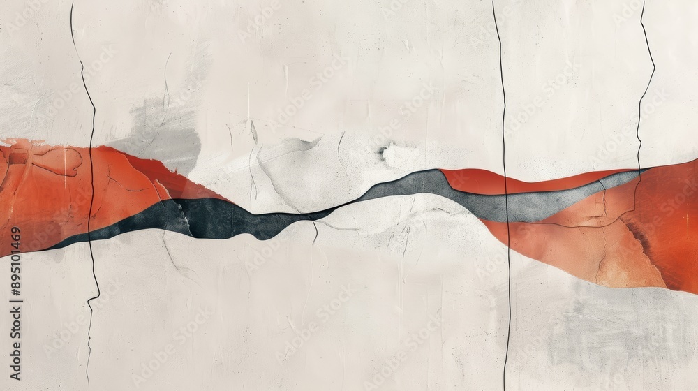 Abstract painting with red and black curved lines on a textured white ...