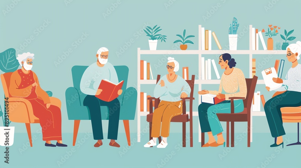 A group of senior friends are sitting in a comfortable chairs in a library, reading books and talking. A group of senior friends are sitting in a comfortable chairs in a library, reading books and talking.