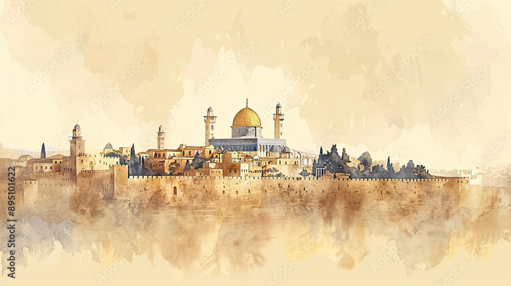 Obraz premium Illustration of Psalms 122 depicting the Lord's house in Jerusalem, with a beige background and copy space for spiritual or religious purposes.