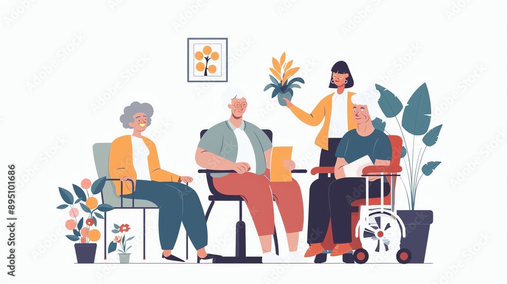 Obraz premium A group of elderly people are sitting in a room. They are all smiling and talking to each other. There is a caregiver with them.