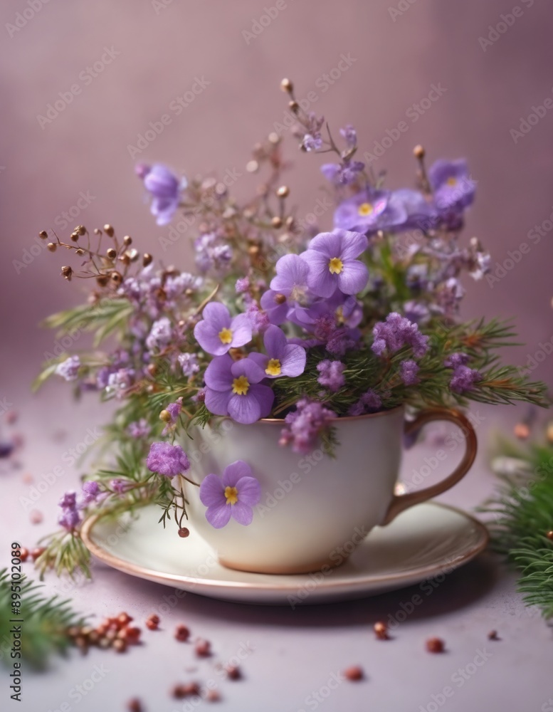 flower arrangement in a cup, soft and purple, leaves and twigs flower arrangement in a cup, soft and purple, leaves and twigs