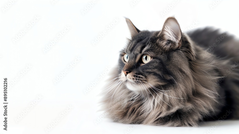 Obraz premium A beautiful and majestic long-haired gray cat is sitting on a white background.