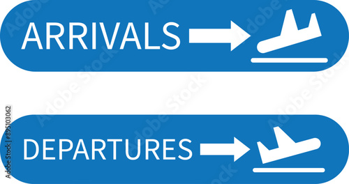 Airport arrivals and departures icons . Arrivals and departures labels . Vector illustration