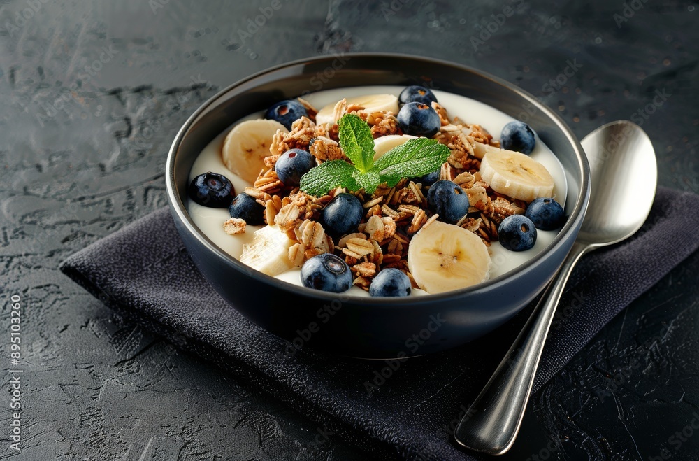 Fototapeta premium Yogurt Parfait With Granola, Banana, and Blueberries