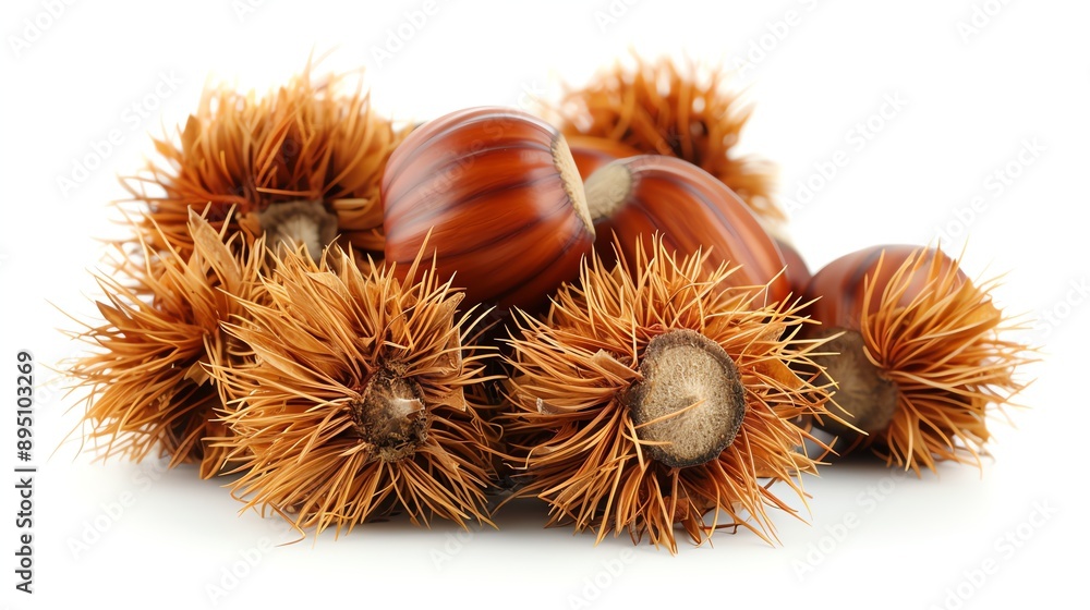 Chestnuts in their spiky shells. Isolated on white background. Chestnuts in their spiky shells. Isolated on white background.