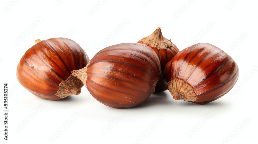 Obraz premium Four shiny brown chestnuts in their shells, isolated on a white background.