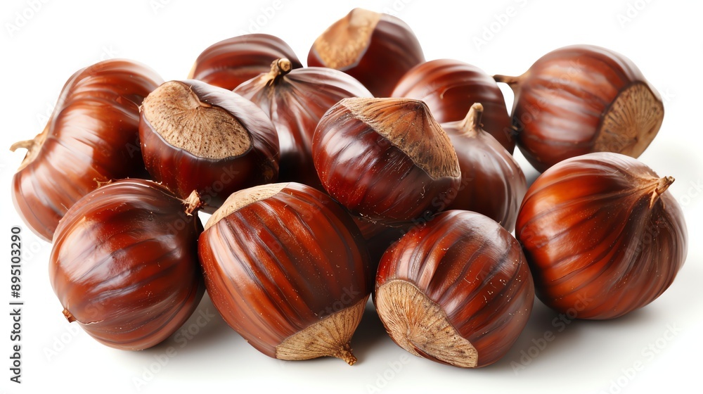 A pile of brown chestnuts on a white background. The chestnuts are shiny and have a smooth surface. A pile of brown chestnuts on a white background. The chestnuts are shiny and have a smooth surface.