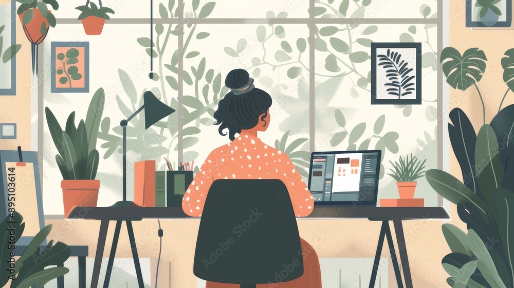 Illustration of a woman working at a desk surrounded by plants and art Illustration of a woman working at a desk surrounded by plants and art