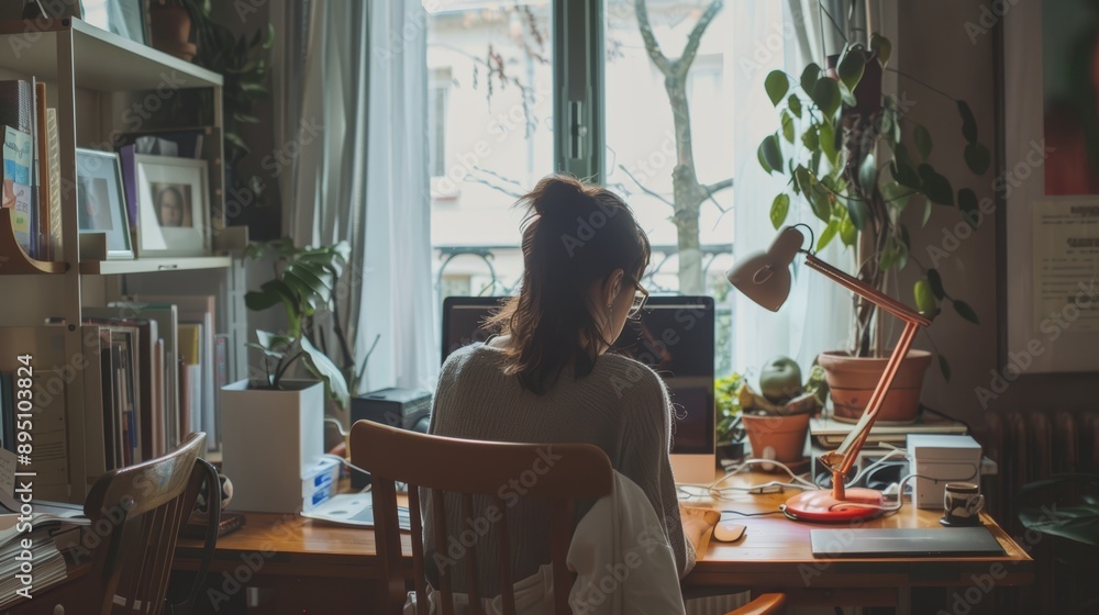 Woman working from home at a desk with computer and plants Woman working from home at a desk with computer and plants