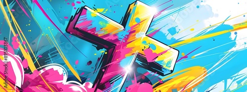 Emotive Easter cross graffiti artwork, viewed from a distance to capture the entire scene. The dynamic, bold spray paint strokes embody the raw power of street art, graffiti