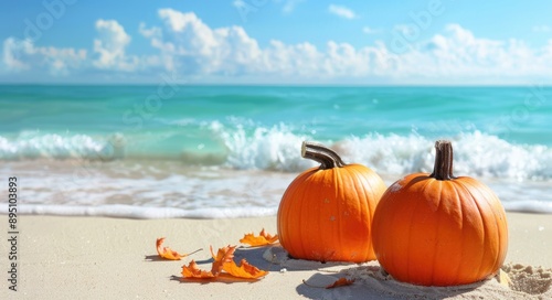 Florida Fall. Pumpkin Harvest on the Beach with Turquoise Ocean Water Background