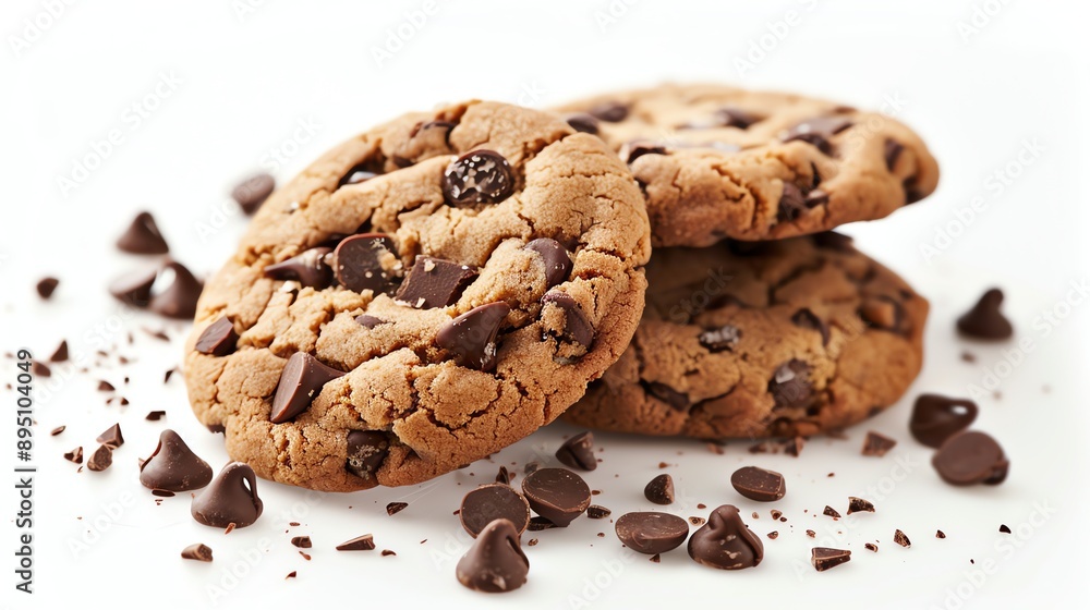 A close-up image of a stack of three chocolate chip cookies. The cookies are arranged in a triangle with the top cookie leaning against the other two. A close-up image of a stack of three chocolate chip cookies. The cookies are arranged in a triangle with the top cookie leaning against the other two.