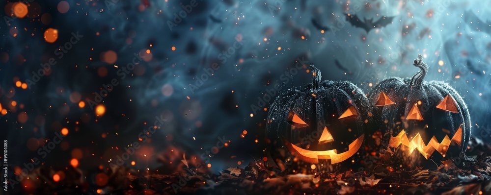 Pumpkins with glowing faces and falling leaves on a dark blue background Pumpkins with glowing faces and falling leaves on a dark blue background