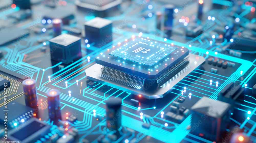 Obraz premium Futuristic Microchip with Digital Overlay on Circuit Board