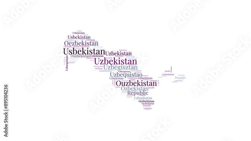 Uzbekistan shape words animation. Uzbekistan boundary filled with country names animated. Country opening, intro, presentation video.
