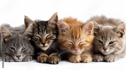 Four Kittens Resting on White Background