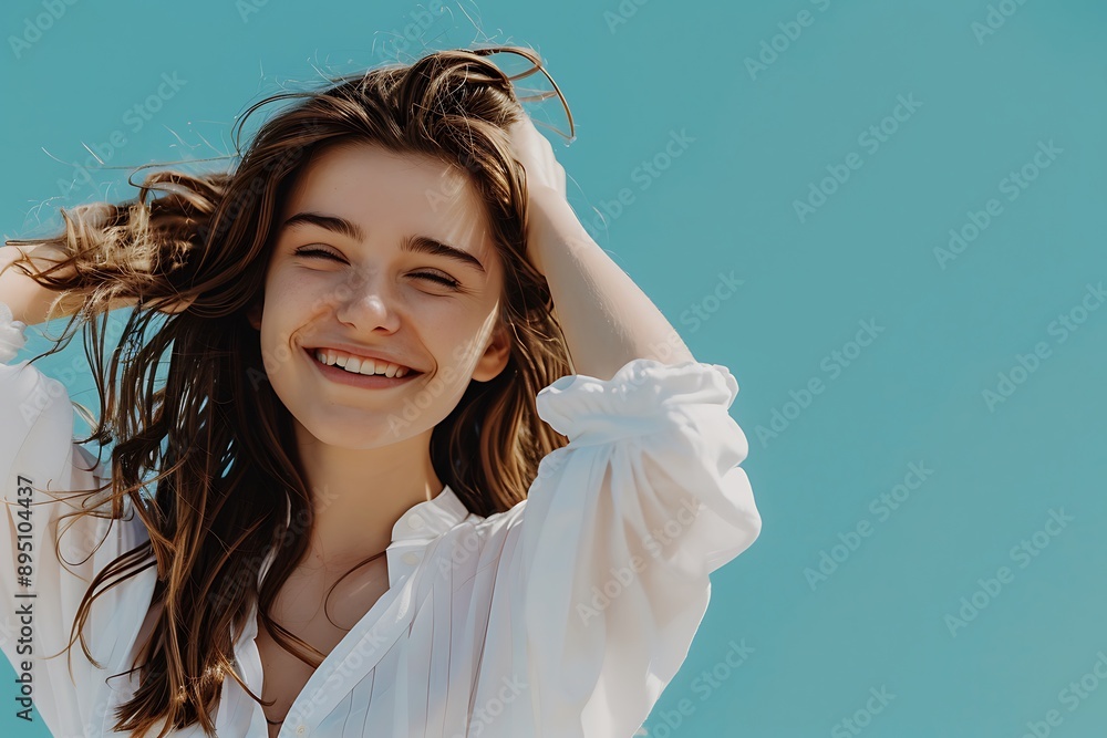 A joyful young woman with her hands in her hair, wearing a white blouse, stands against a vibrant blue background A joyful young woman with her hands in her hair, wearing a white blouse, stands against a vibrant blue background