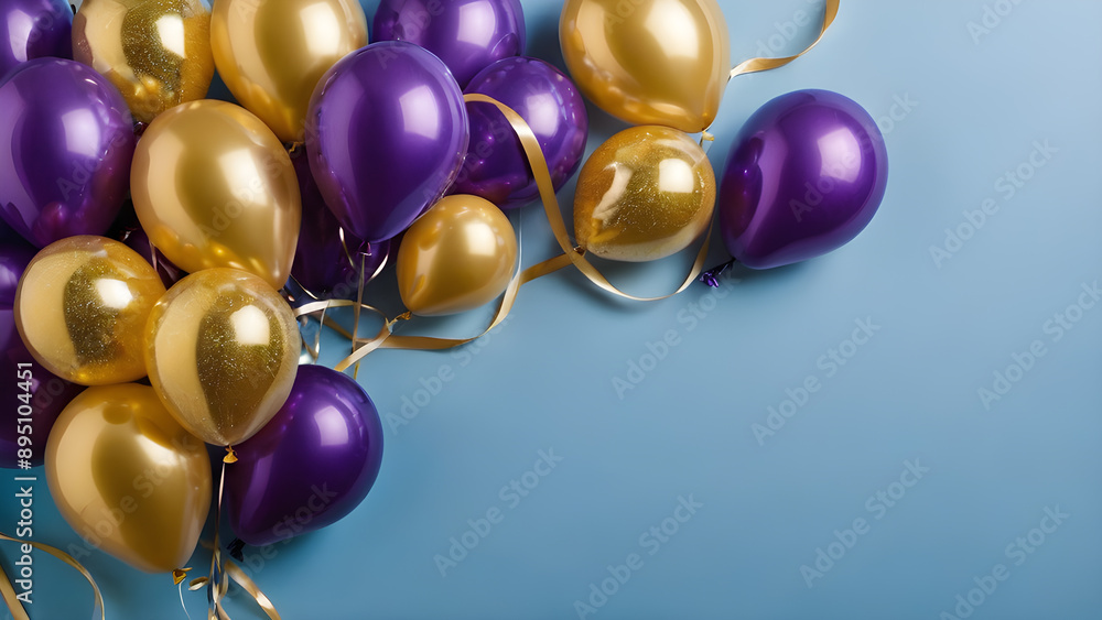 Fototapeta premium Purple and gold balloons with ribbons on blue background, top view