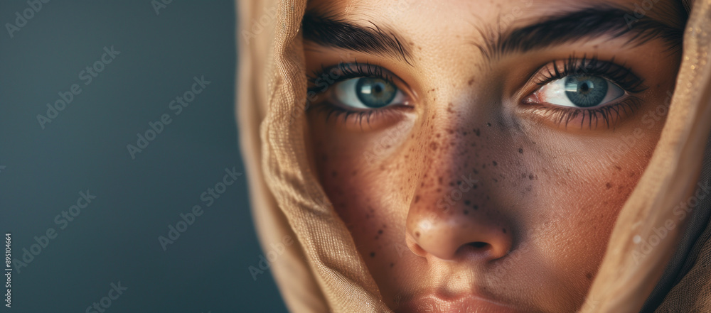Close-up Portrait of Woman with Freckles and Blue Eyes Wearing a Headscarf Close-up Portrait of Woman with Freckles and Blue Eyes Wearing a Headscarf