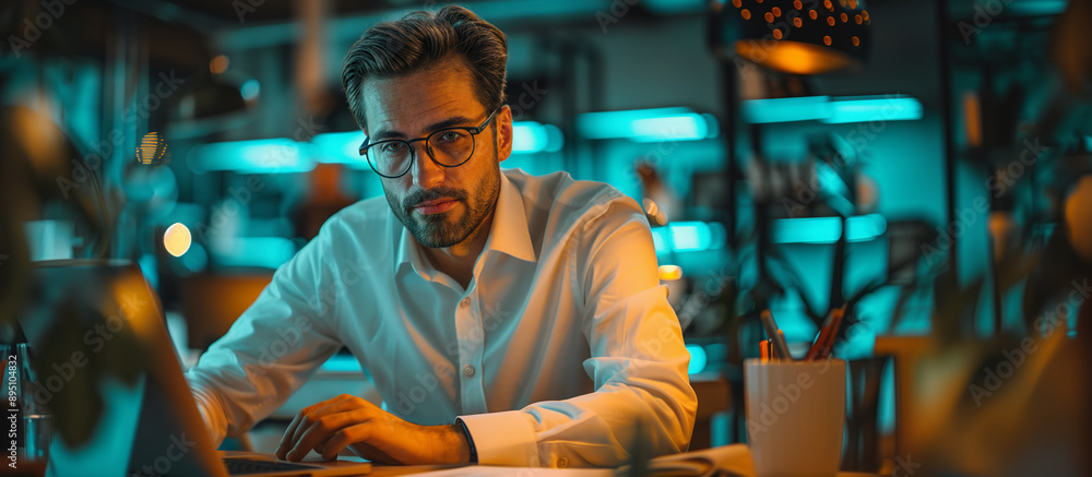 A man is sitting at a desk in an office, working on his computer. He's wearing glasses and a white shirt. Manager at work. Copy space. A man is sitting at a desk in an office, working on his computer. He's wearing glasses and a white shirt. Manager at work. Copy space.
