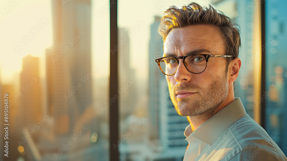 The image features a man with a beard and glasses, standing in front of panoramic window offers view of city below during sunset. Copy space. aspect ratio 16-9 The image features a man with a beard and glasses, standing in front of panoramic window offers view of city below during sunset. Copy space. aspect ratio 16-9