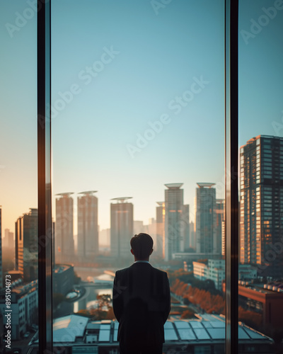 Man in suit stands in his office, overlooking city skyline, contemplating business and life. Manager in office. A panoramic window offers view of city below. Copy space, aspect ratio 8-10