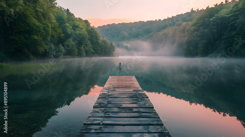 Tranquil Morning at the Forest Lake with Sunrise Reflecting in Calm Waters and a Wooden Pier in the Distance