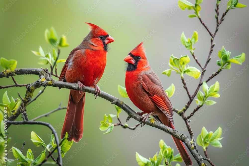 Cardinal Spring. Northern Cardinal Pair in Natural Habitat on Tree Branch Cardinal Spring. Northern Cardinal Pair in Natural Habitat on Tree Branch
