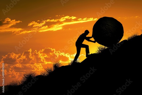 Boulder Up Hill. Sisyphus Metaphor of Business Struggle: Man Pushing Stone Rock Uphill