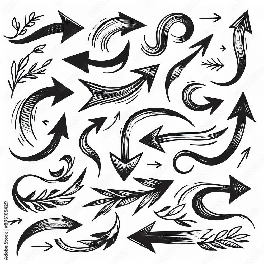 Fototapeta premium Collection of curved arrows in ink Vector hand drawn sketchy arrows pointing different directions