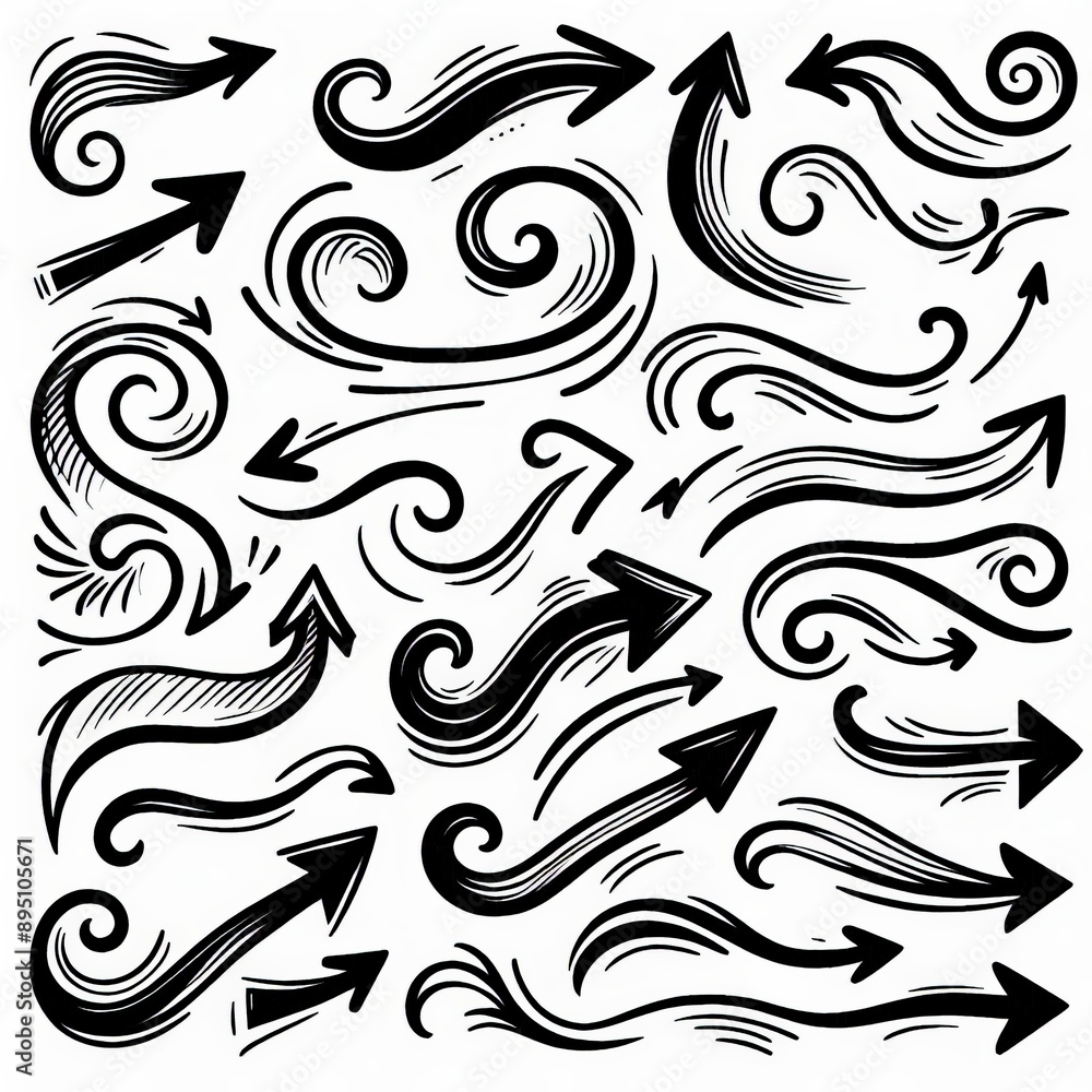 Collection of curved arrows in ink Vector hand drawn sketchy arrows pointing different directions Collection of curved arrows in ink Vector hand drawn sketchy arrows pointing different directions