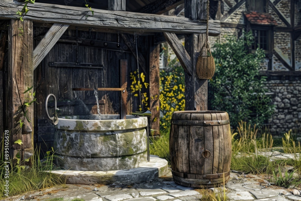 Old Well with Wooden Barrel on Stone Path Old Well with Wooden Barrel on Stone Path