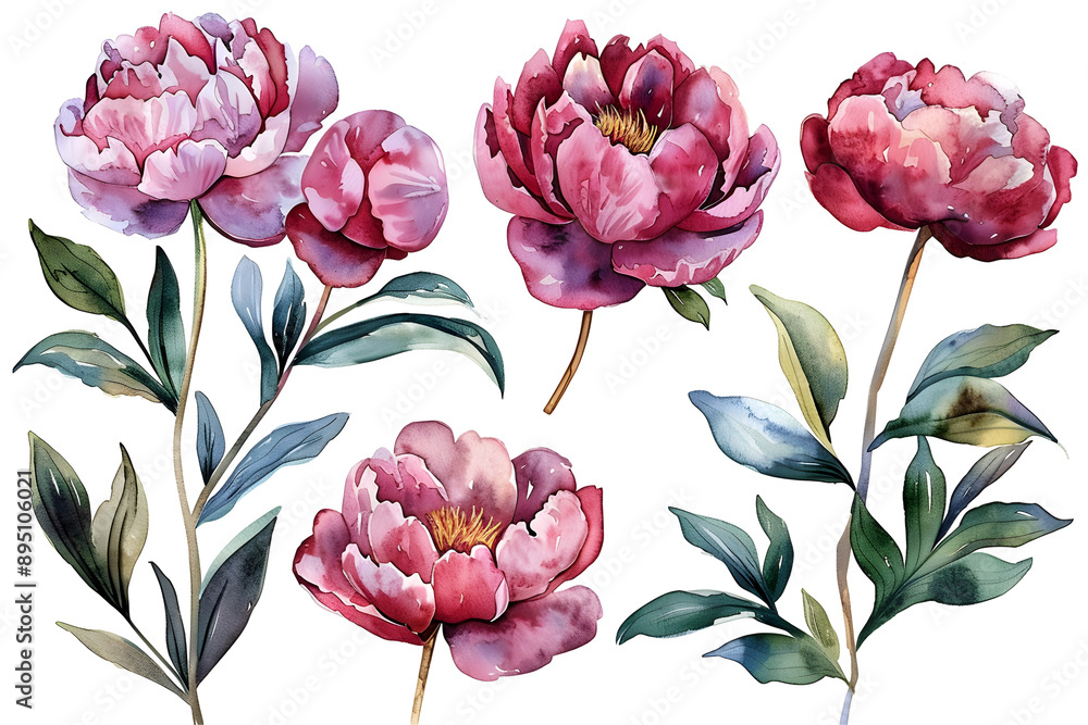 Peony flowers, clipart set, illustration in watercolor style isolated on transparent background for wedding invitation, postcard design, scrapbooking or greeting cards. PNG, cutout. Peony flowers, clipart set, illustration in watercolor style isolated on transparent background for wedding invitation, postcard design, scrapbooking or greeting cards. PNG, cutout.