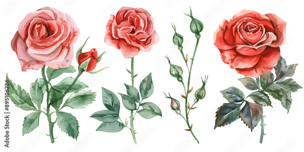Naklejka premium Red roses flowers, clipart set, illustration in watercolor style isolated on transparent background for wedding invitation, postcard design, scrapbooking or greeting cards. PNG, cutout.