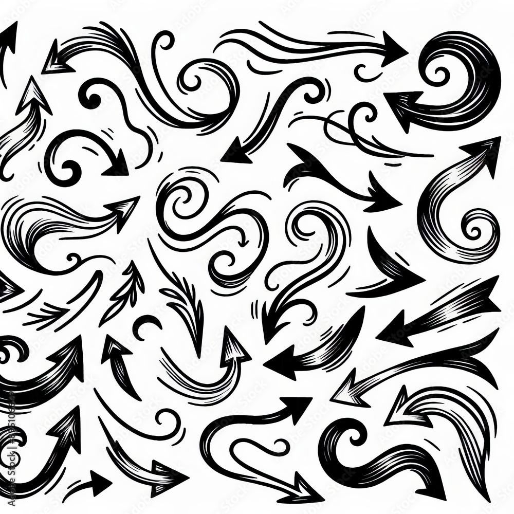 Collection of curved arrows in ink Vector hand drawn sketchy arrows pointing different directions Collection of curved arrows in ink Vector hand drawn sketchy arrows pointing different directions