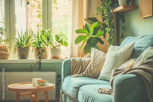 A soft green sofa with plush pillows sits near a window, allowing sunlight to fill a living room filled with houseplants. A side table with two mugs rests nearby. photo