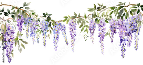 Fototapeta Naklejka Na Ścianę i Meble -  Wisteria flowers, clipart set, illustration in watercolor style isolated on transparent background for wedding invitation, postcard design, scrapbooking, greeting cards. PNG, cutout.