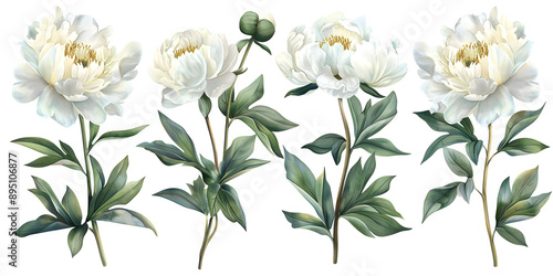Fototapeta Naklejka Na Ścianę i Meble -  White peony flowers, clipart set, illustration in watercolor style isolated on transparent background for wedding invitation, postcard design, scrapbooking or greeting cards. PNG, cutout.