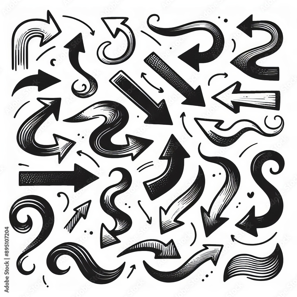 Collection of curved arrows in ink Vector hand drawn sketchy arrows pointing different directions