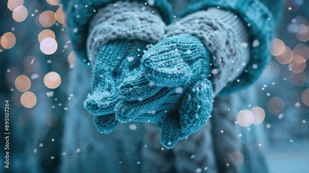 Fototapeta premium Christmas Teal. Female Hands in Light Teal Knitted Mittens with Sparkling Wonder