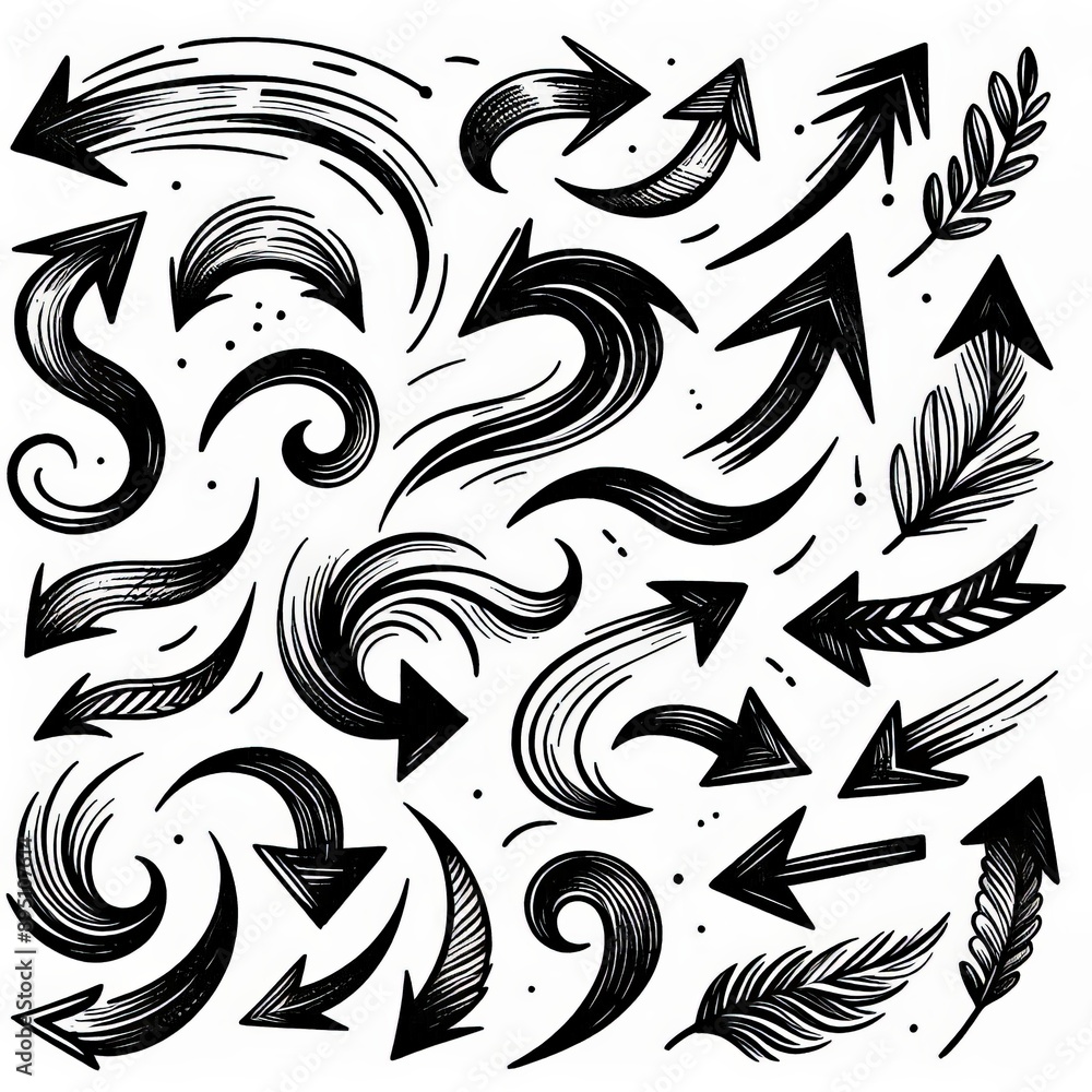 Collection of curved arrows in ink Vector hand drawn sketchy arrows pointing different directions Collection of curved arrows in ink Vector hand drawn sketchy arrows pointing different directions