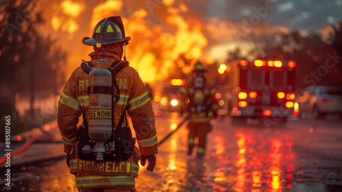 Firefighter Standing Near Large Fire At Night