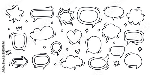 Speech bubbles. Empty comic dialog boxes. Hand drawn text places. Funny doodle style. Various outline shapes. Communication windows. Dialogue stickers. Thinking clouds. Garish vector set