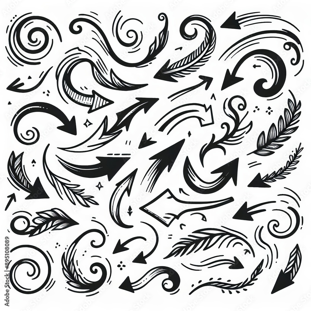 Collection of curved arrows in ink Vector hand drawn sketchy arrows pointing different directions Collection of curved arrows in ink Vector hand drawn sketchy arrows pointing different directions