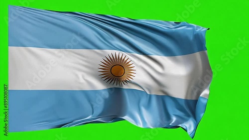 Argentina national flag Qwaving in the wind in slow motion against a chroma key green screen. photo