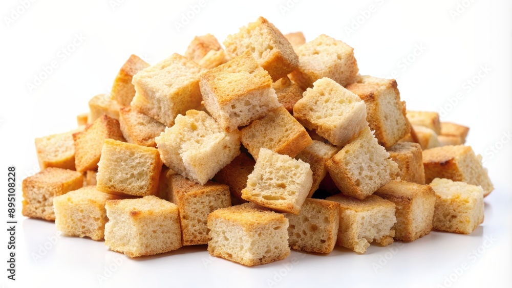 Close Up of Crispy Croutons, Isolated on White Background, Crouton, Bread, Crumb, Snack Close Up of Crispy Croutons, Isolated on White Background, Crouton, Bread, Crumb, Snack