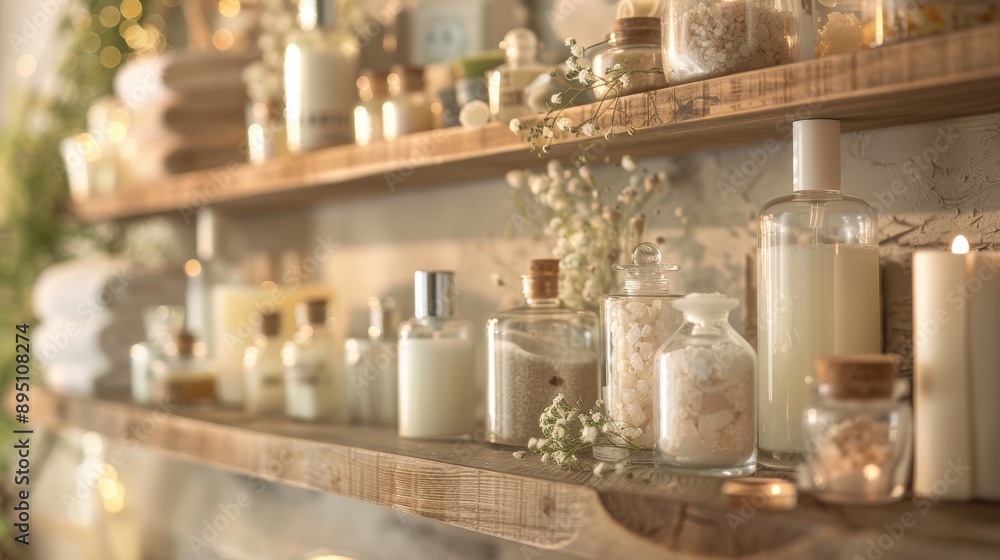 Elegant Spa Setting with Candles, Essential Oils, and Bath Salts on Wooden Shelves Ideal for Relaxation and Wellness Elegant Spa Setting with Candles, Essential Oils, and Bath Salts on Wooden Shelves Ideal for Relaxation and Wellness