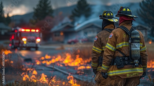 Two Firefighters Standing Near a Burning Structure in the Evening