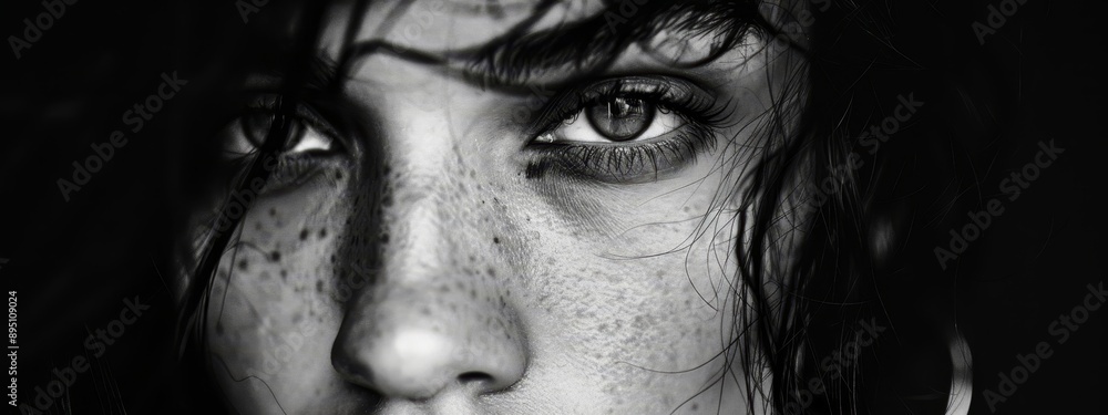 A monochrome image of a woman's face with freckled skin on both her hair and eyes A monochrome image of a woman's face with freckled skin on both her hair and eyes