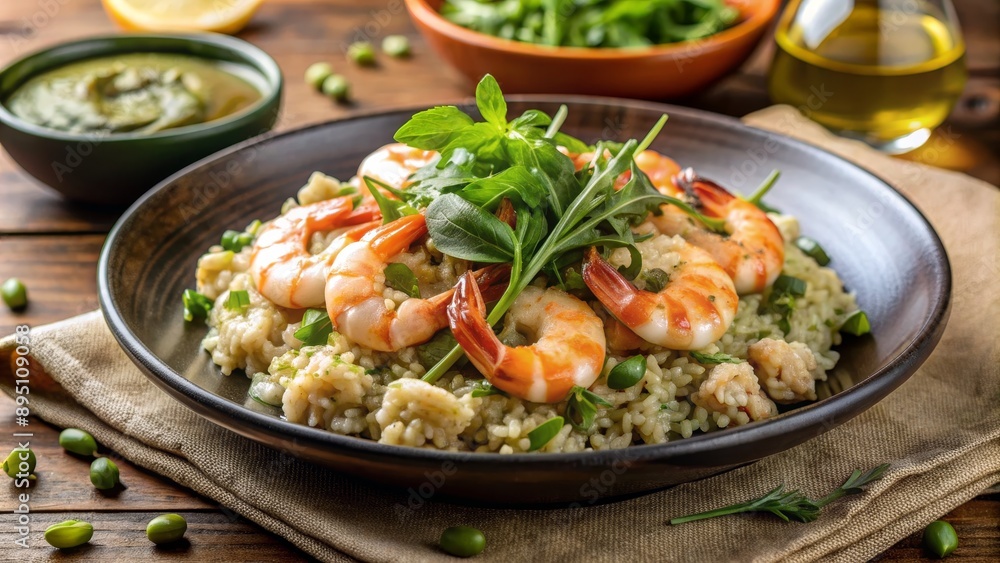 Close-up of Creamy Pesto Risotto with Grilled Shrimp and Fresh Herbs, black bowl, wooden background, Italy , risotto , shrimp , seafood Close-up of Creamy Pesto Risotto with Grilled Shrimp and Fresh Herbs, black bowl, wooden background, Italy , risotto , shrimp , seafood